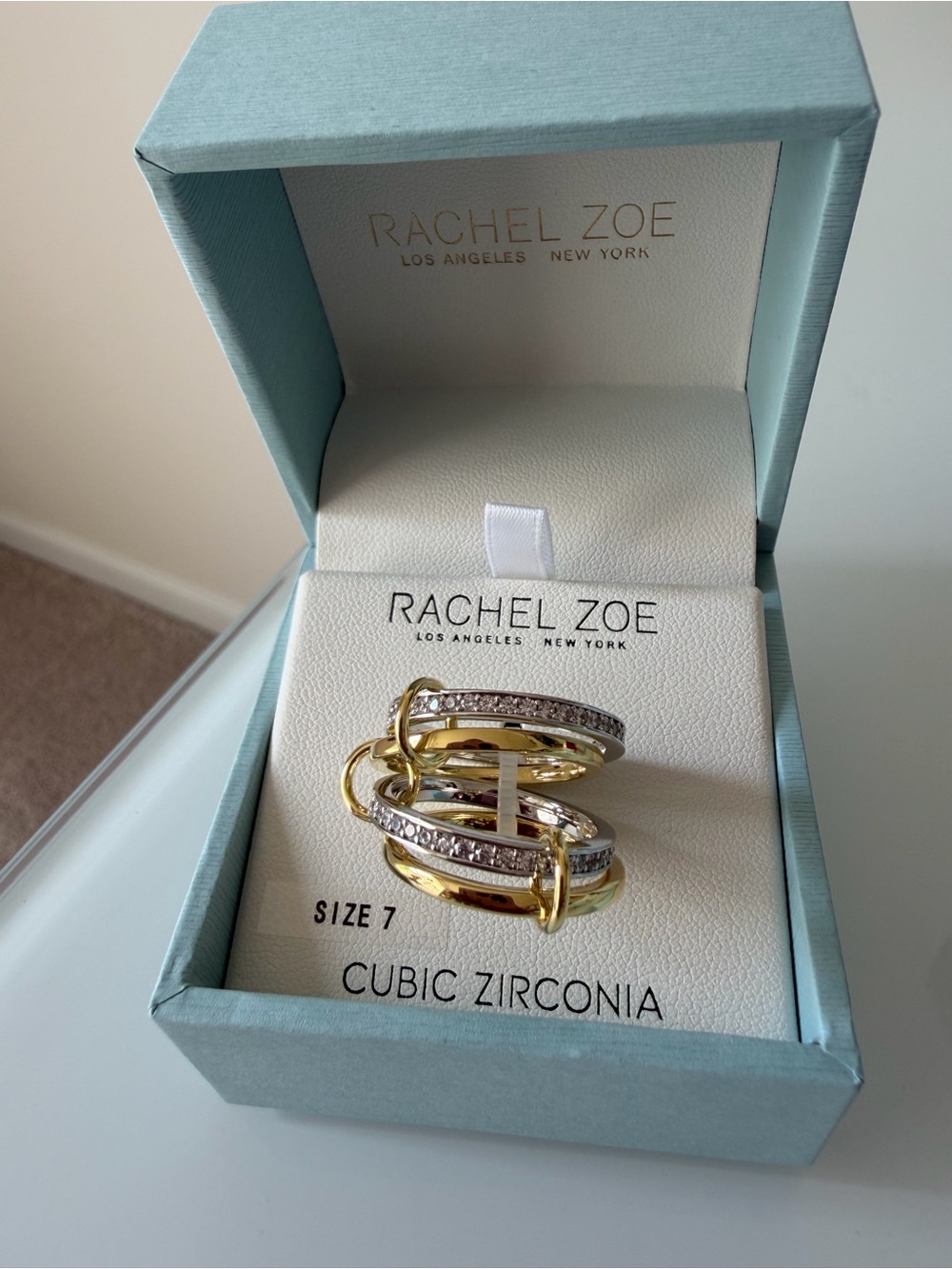 Gold and Silver Cubic Zirconia stacked spinelli Ring